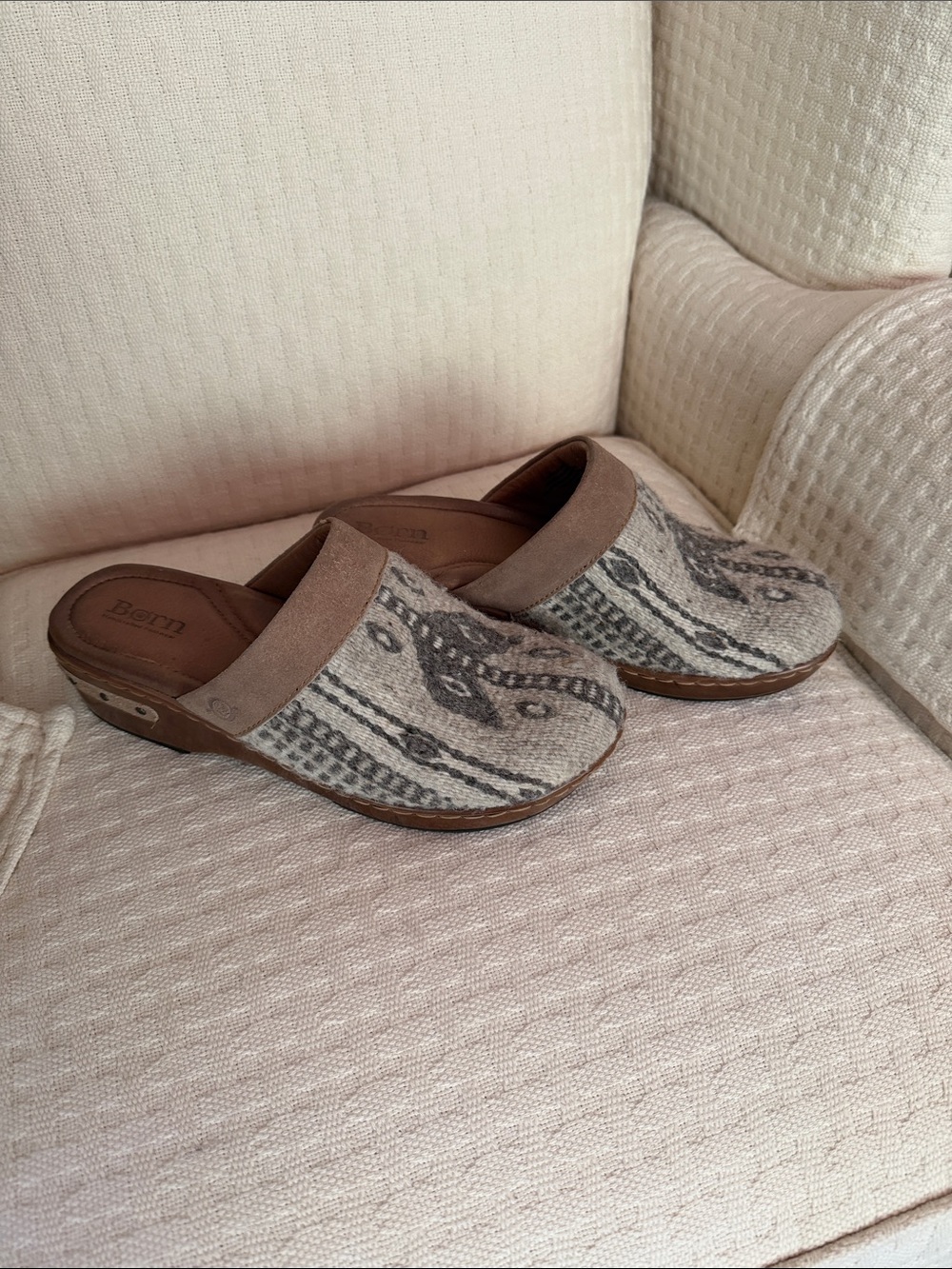 Born Taupe Patterned Suede-Trim Clog Mules